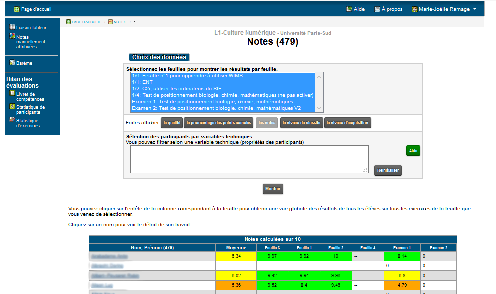 Affichage global des r�sultats individuels