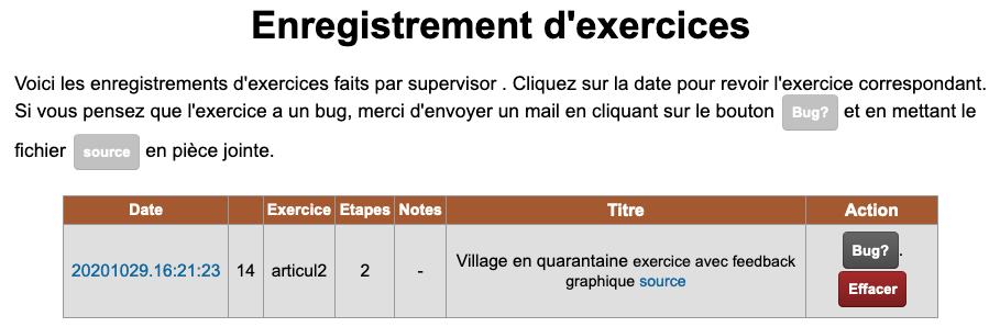 page des exercices enregistrés